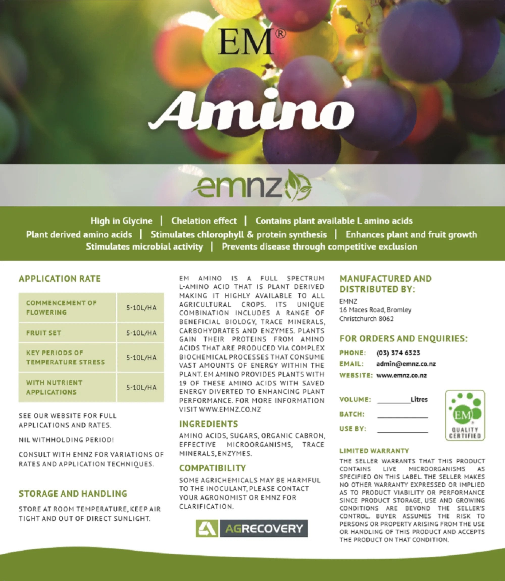 EM™ Amino | Full Spectrum, Plant-Derived L-Amino Acid | Buy Online EMNZ.com